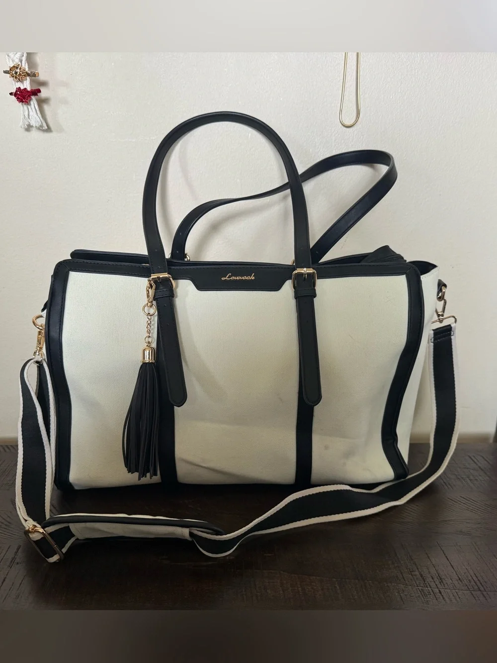 LOVEVOOK Canvas Laptop Tote Teacher Work Bag Black Cream-White